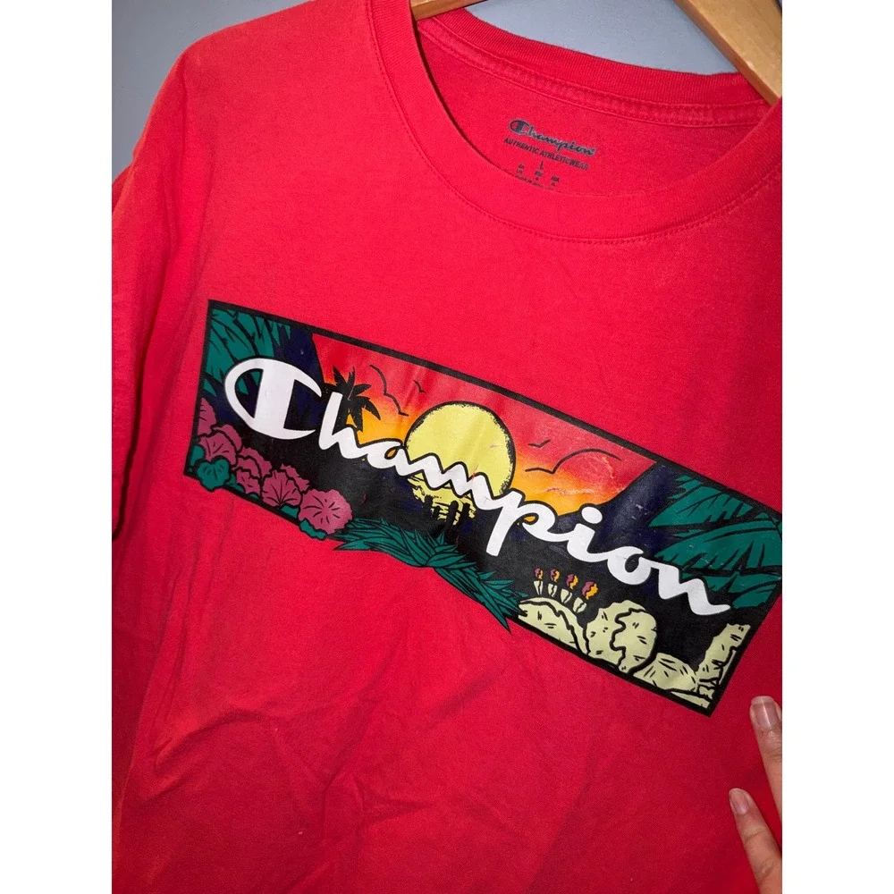 Champion Mens‎ Red Tropical Sunset Graphic Logo T-Shirt Size Large Short Sleeve - Picture 2 of 6